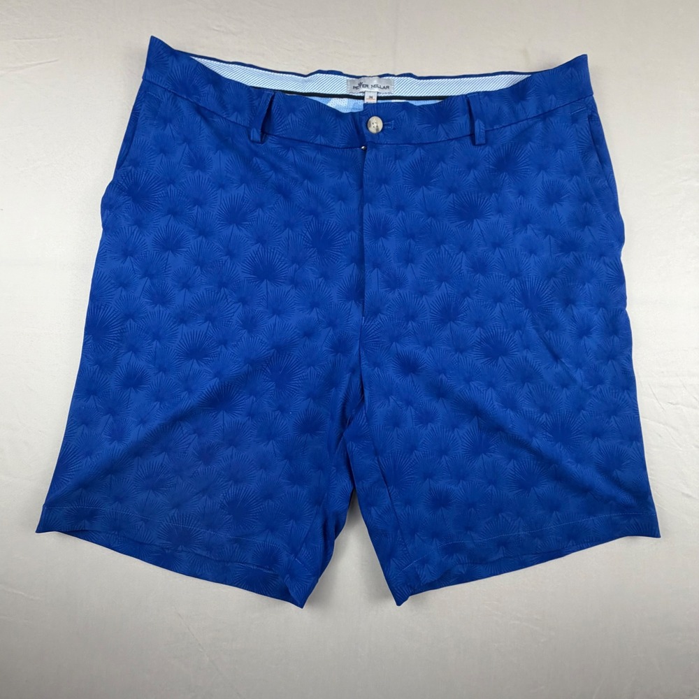 Peter Millar Golf Shorts Palm Frond Mens 36 Blue Pattern Performance Flat Front